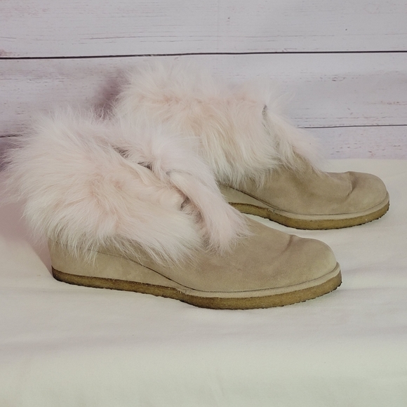 Rue Du Jour Ankle Boots Womens 38 Suede Leather Taupe Nude Fur Trim Wedge Heel - Picture 4 of 9